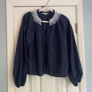 Navy Blue Poplin Women's Top with White Embroidered Collar
